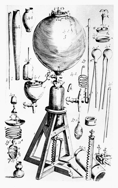 1660年にロバートフックによってロバートボイルのために構築された空気ポンプ 作： Unbekannt