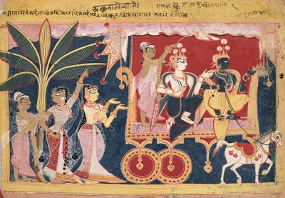 AkruraがクリシュナとバララマをMathura Isarda Bhagavata Puranaに運転、c。 1560-1570。 作： Unbekannt