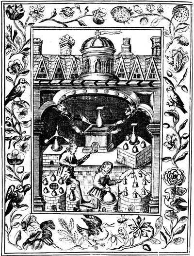 様々な形の炉と容器を示す錬金術研究所、1652 作： Unbekannt