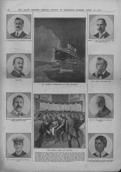 1912年4月20日、ロイズでのアーティストの災害の印象と恐ろしいニュース。 作： Unbekannt