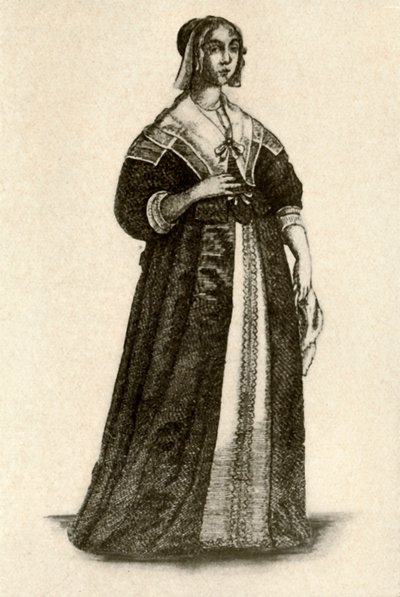 1640年、1937年、ハウスドレスを着たイギリス人女性。 作： Unbekannt