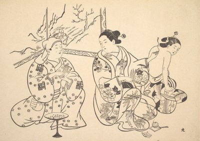 客間で座っている花魁が、別の女性のむき出しの背中に火の治療を適用します。 作： Unbekannt