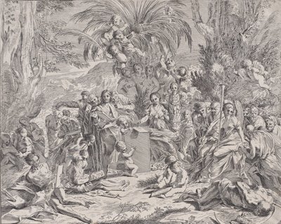 絵画のアレゴリー、中央左の子供がタブレットに絵を描いている、surrou...、1650-1700。 作： Unbekannt