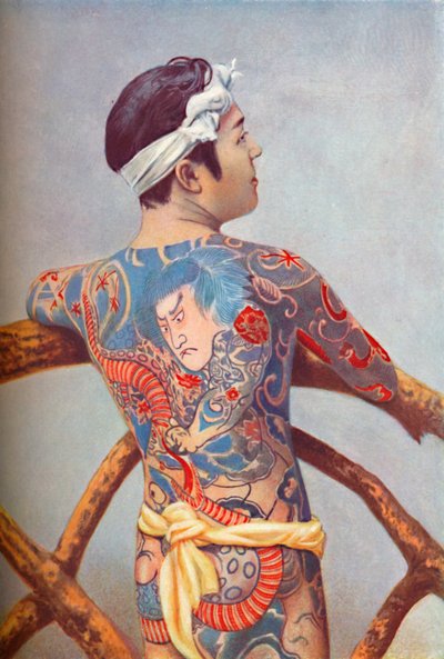 精巧に刺青された日本人男性、1902 作： Unbekannt
