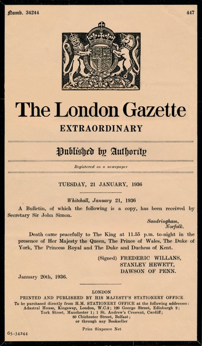 キングジョージ5世の死を発表したロンドン官報による特別速報1865-1936 作： Unbekannt