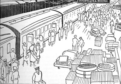 1930年代の鉄道駅のイラスト、1937 作： Unbekannt