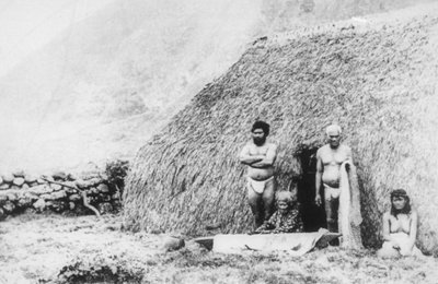 19世紀のハワイ、カラウパパ、ピリ草の家の前でタパを叩く老婦人 作： Unbekannt