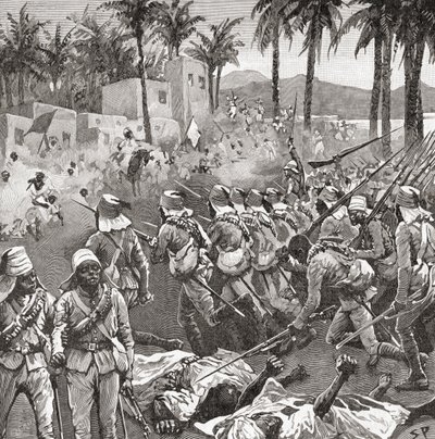 マフディスト戦争中の1896年6月7日、フェルケまたはフィルケットの戦いでフェルケの村を襲撃する英エジプト軍。 作： Unbekannt