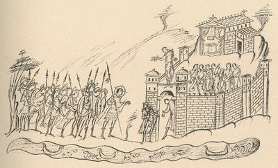アングロサクソン人の戦士が砦に近づく、1908年 作： Unbekannt