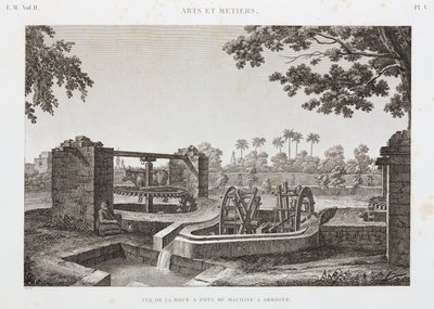 動物の力による車輪とバケツを使った灌漑システム、エジプト、1798年頃 作： Unbekannt