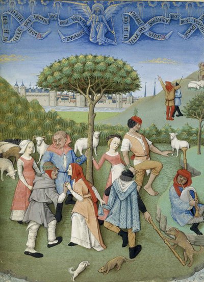 羊飼いへの受胎告知：カントリーダンス。 Heures de CharlesdAngoulêmeから、c。 1480。 作： Unbekannt