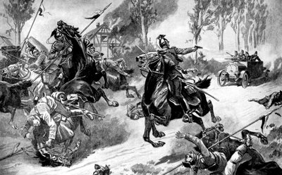 1914年の第一次世界大戦、ウーランの攻撃を受けた装甲ベルギー軍 作： Unbekannt