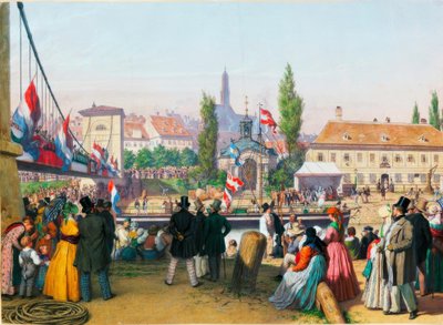 ダヌーブ運河の駅への蒸気船の到着（ウィーン、1845年） 水彩画 作： Unbekannt