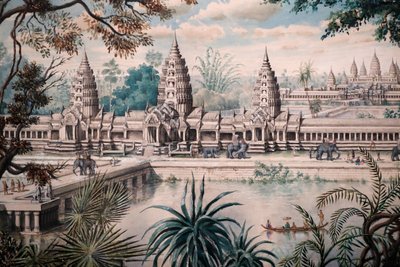 アジア文明博物館、アンコール、カンボジアの聖地を探る、アンコール・ワットの眺め、アンリ・ムホーのスケッチの後にジャック・ギオーが描いたものをプリントしたもの、1870～73年頃にルイ・ドラポルトが描いたアンコール・ワットの眺め、シンガポール、2018年（撮影 作： Unbekannt