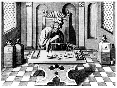 金と銀のサンプルを分析する検査者、1683 作： Unbekannt