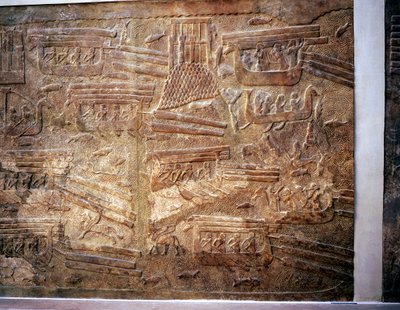 水によるレバノンからの木材の輸送を示すアッシリアのレリーフ、ホルサバード、紀元前8世紀 作： Unbekannt