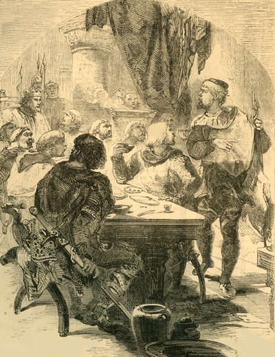 ハロルドによって与えられた宴会で、彼はノルマン人の侵略のニュース、c1890を受け取ります。 作： Unbekannt