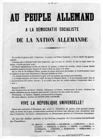 1871年5月のパリコミューンのフランスの政治ポスターからのAu Peuple Allemand 作： Unbekannt