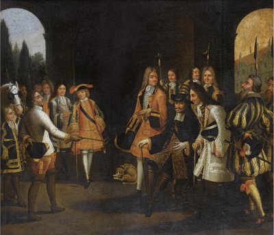 1717年、ヴェルサイユの皇帝ピーター大王とのルイ14世の聴衆、18セントの前半。 作： Unbekannt