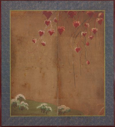 秋のつる、遠くの木々と雪、江戸時代、1615～1868年。 作： Unbekannt