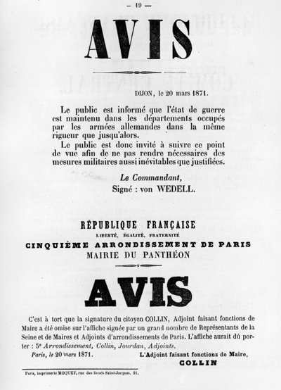 1871年5月のパリコミューンのフランスの政治ポスターからのAvise 作： Unbekannt