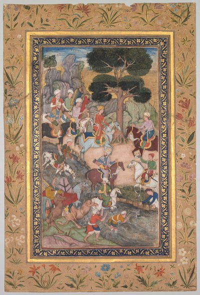 BaburのBabur-nama Memoirsから、Kohik RiverでのSultan Ali MirzaとのBaburの会合、c。 159 作： Unbekannt