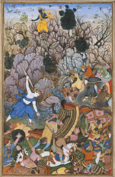 敵と戦うバララーマとクリシュナ、ハリヴァムサからのフォリオ... の伝説、約。 1590-95。 作： Unbekannt