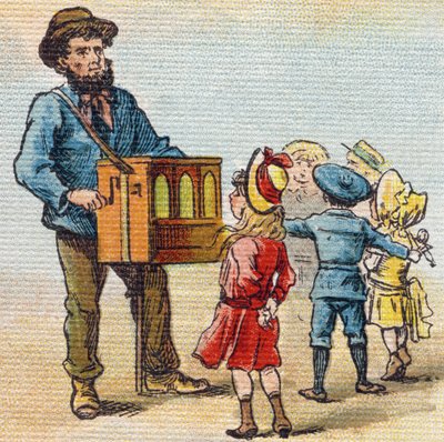 バーバリ・オルガン。Alphabet de ma petite fille "に掲載されたエングレーヴィング。Bernardin-Bechet and Fils, bookseller-publishers, Paris, around 1895.キャンバスに描かれたアンブレイカブル・アルバム。Bibliotheque des Bebes.12ページ。読書法とイラスト入りのアベセダリーを収録したアルバム。 作： Unbekannt
