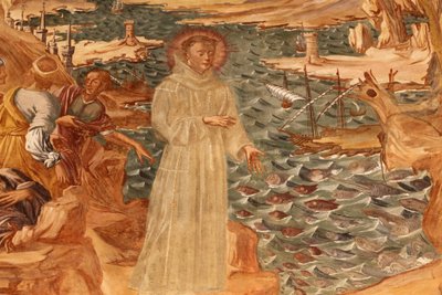 サンタ・カテリーナ大聖堂（ガラティーナ、アプリア州） 回廊のフレスコ画：魚に説教する聖アンソニー 1696年にグラヴィーナのブラジョセフが描いたもの（ガラティーナ、イタリア 作： Unbekannt