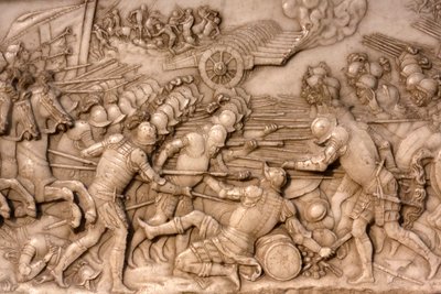 サン・ドニのバシリカ、フランス王フランシス1世とフランス王クロードの墓、財団の低いレリーフ、1515年のマリニャーノの戦いの描写-旧スイス盟約者団と対峙するフランス軍とその大砲、フランス、サン・ドニ 作： Unbekannt