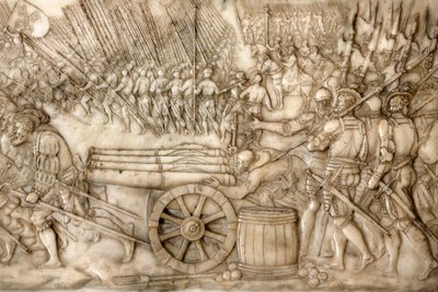 サン・ドニのバシリカ、フランス王フランシス1世とフランス王クロードの墓、財団の低層レリーフ、1515年のマリニャーノの戦いの描写-旧スイス盟約者団の部隊、フランス、サン・ドニ 作： Unbekannt