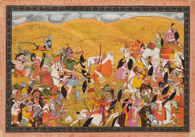 デーヴァとアスラの軍隊間の戦闘シーン、19 世紀初頭 作： Unbekannt