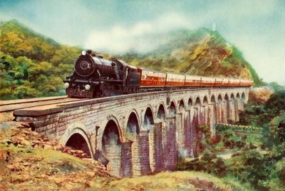 ボンベイとデリーの間。高架橋を通過するフロンティアメールの印象的な眺め、1935 作： Unbekannt