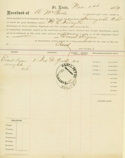 1864年11月1日、アーカンソー州サニーサイドの蒸気船M［ary］E.Forsyth号の船荷証券 作： Unbekannt