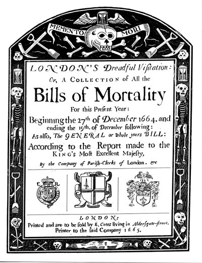1664-1665年の大疫病の期間の一部をカバーするロンドンの死亡手形 作： Unbekannt