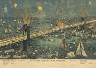 グレート ニューヨークとブルックリン ブリッジの鳥瞰図、および花火のグランド ディスプレイ ...、1883 年。 作： Unbekannt