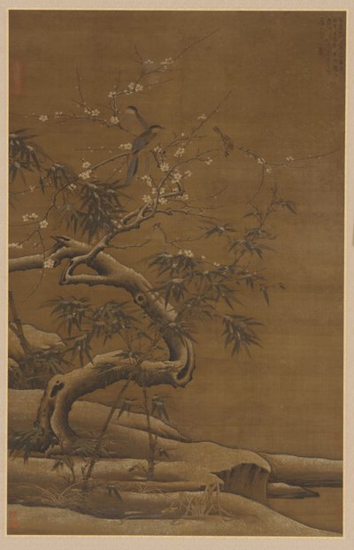 冬の鳥、梅の花、竹、16世紀。 作： Unbekannt
