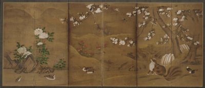 鳥、季節の花、ジャコウネコ、室町または桃山時代、16世紀. 作： Unbekannt