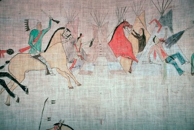 キャンプへの攻撃を示すブラックフット ネイティブ アメリカンのテントの裏地 作： Unbekannt
