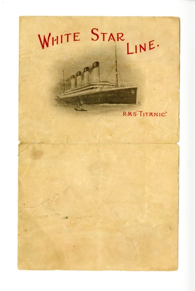 R.M.S.タイタニックの無地のステーショナリー（生存者不明の人からハーズ家に贈られたもの）、1912年頃 作： Unbekannt