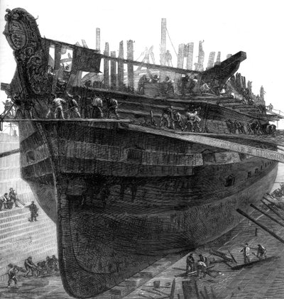 チャタム造船所で病院船ドレッドノートを解体、1875 作： Unbekannt