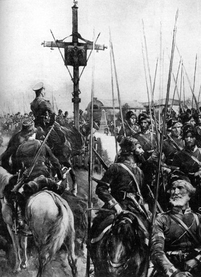 1914年の第一次世界大戦、スペインのガリシアの村を通過するイギリス軍 作： Unbekannt