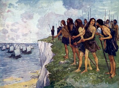 16世紀のバイキング船の差し迫った到着を待っている英国人 作： Unbekannt