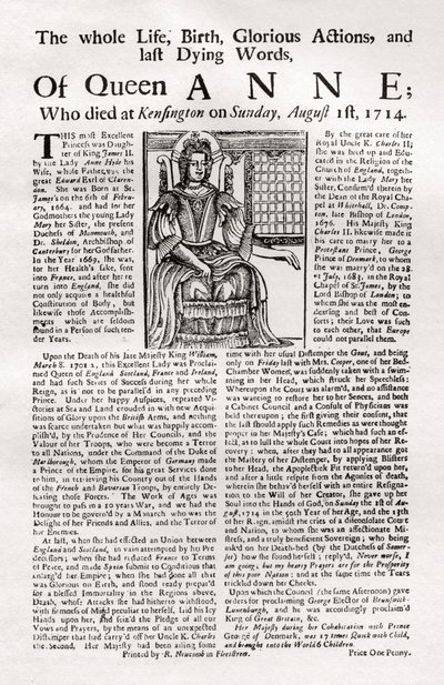 ブロードサイドはアン女王の死について出版、1906年1714年 作： Unbekannt