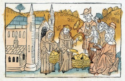 修道院の兄弟による貧しい人々へのパンの配布。 1477年頃 作： Unbekannt