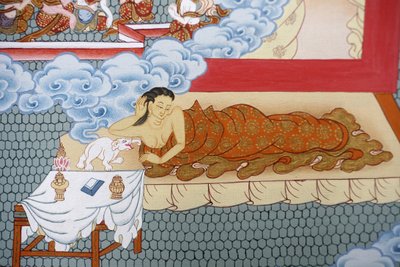 白象の夢を見る仏陀の母。ネパール、バクタプールのタンカ 作： Unbekannt