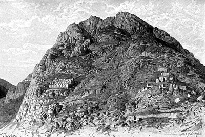 1895年、ペルーのオリャンタイタンボにあるセロデラスカルセレスのインカの建物 作： Unbekannt