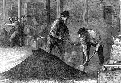 1874年、ロンドンの東西インドドックカンパニーの倉庫にあるかさばるお茶 作： Unbekannt