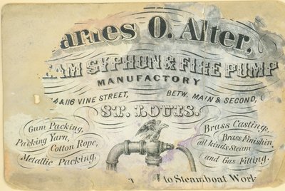 ジェームズ・O・オルターの名刺、蒸気サイフォンと消火ポンプの製造所、セントルイス、1870年頃 作： Unbekannt