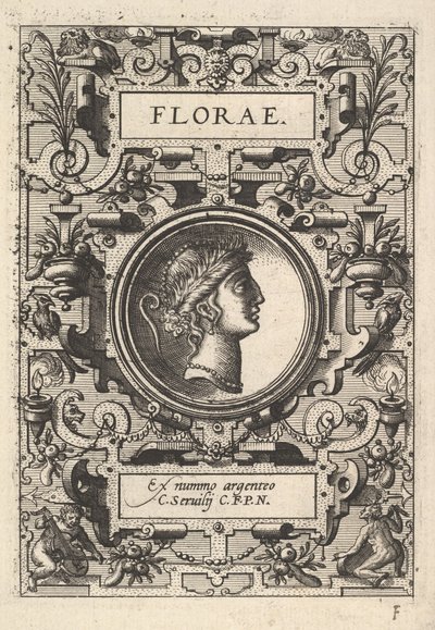 Deorum dearumqueシリーズのストラップワークで囲まれたフローラエの胸像、一連の画像...、1573年。 作： Unbekannt